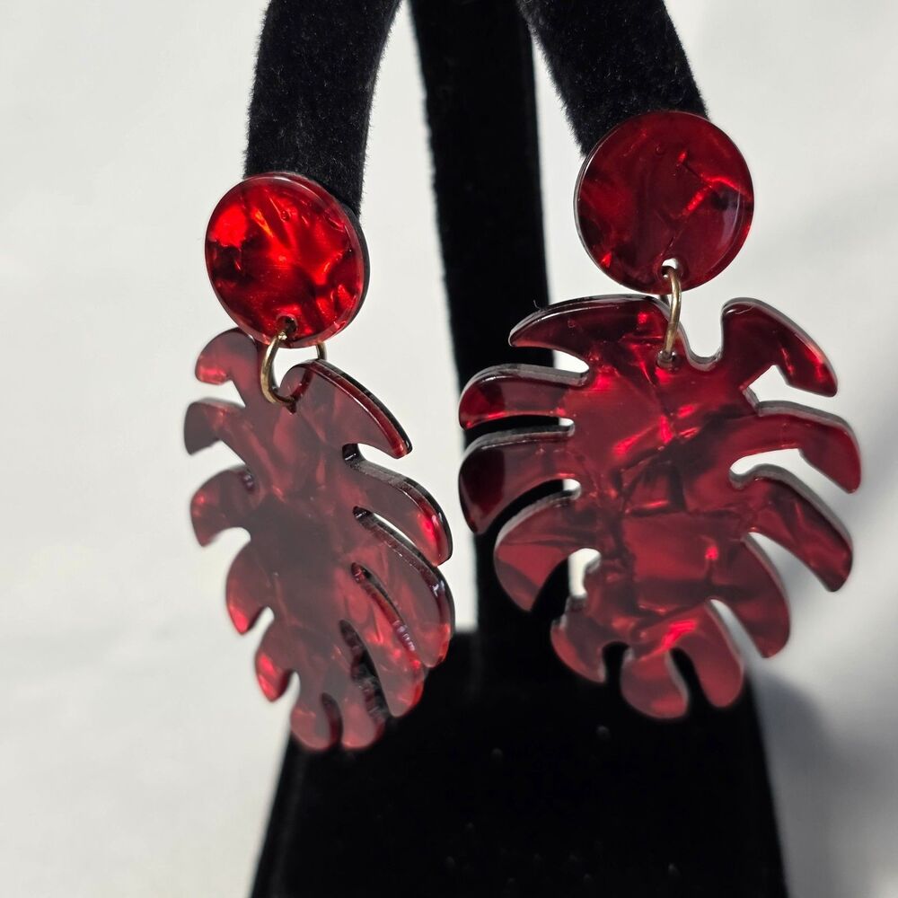 Red Laser-Cut Acrylic Monstera Leaf Drop Earrings Marbled Finish